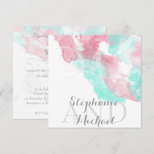 Waterverf Butterfly Minted Blush Wedding Kaart (Voorkant / Achterkant)
