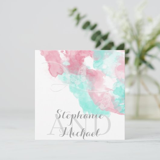 Waterverf Butterfly Minted Blush Wedding Kaart (Staand voorkant)