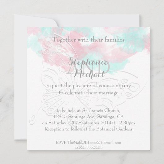 Waterverf Butterfly Minted Blush Wedding Kaart (Achterkant)
