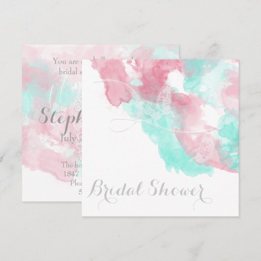 Waterverf Butterfly Minted Blush Wedding Kaart (Voorkant / Achterkant)