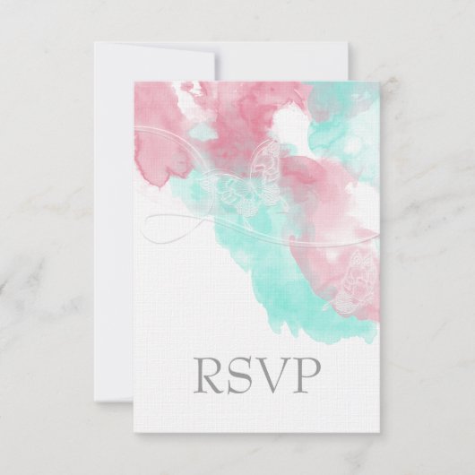 Waterverf Butterfly Minted Blush Wedding RSVP Kaartje (Voorkant)