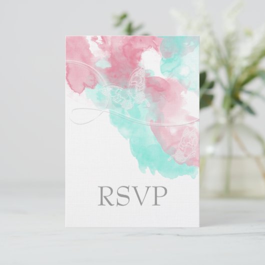 Waterverf Butterfly Minted Blush Wedding RSVP Kaartje (Staand voorkant)