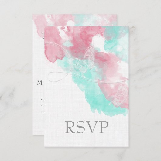 Waterverf Butterfly Minted Blush Wedding RSVP Kaartje (Voorkant / Achterkant)