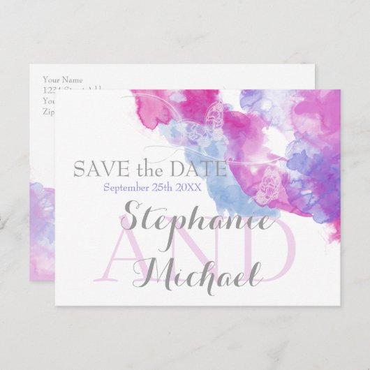 Waterverf Butterfly Mixed Berries SavetheDate Aankondigingskaart (Voorkant / Achterkant)