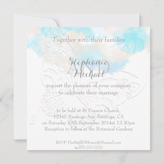 Waterverf Butterfly Ocean Shore bruiloft Uitnodige Kaart (Achterkant)