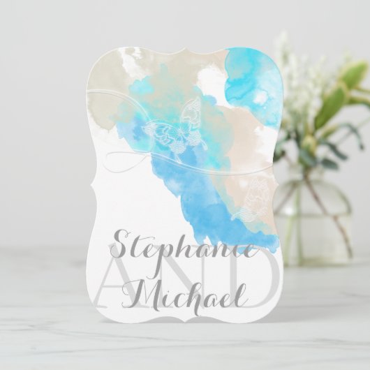 Waterverf Butterfly Ocean Shore Huwelijksuitnodigi Kaart (Staand voorkant)