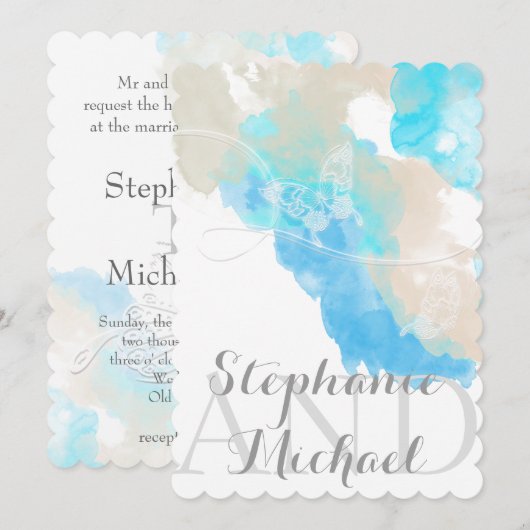 Waterverf Butterfly Ocean Shore Huwelijksuitnodigi Kaart (Voorkant / Achterkant)