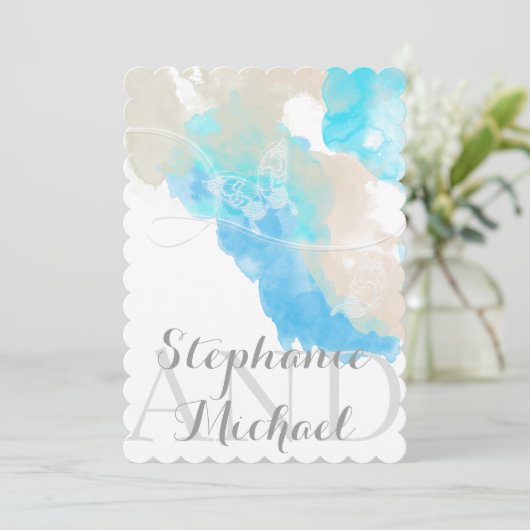 Waterverf Butterfly Ocean Shore Huwelijksuitnodigi Kaart (Staand voorkant)