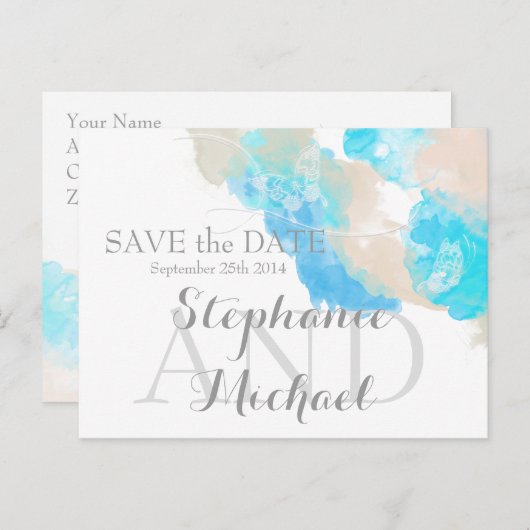 Waterverf Butterfly Ocean Shore Sla de datum op Aankondigingskaart (Voorkant / Achterkant)