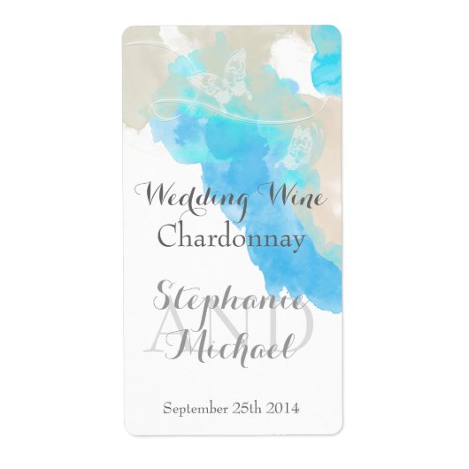 Waterverf Butterfly Ocean Shore Wedding Wine Labs Etiket (Voorkant)