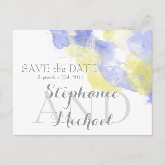Waterverf Butterfly Periwinkle Lemon Save the Data Aankondigingskaart (Voorkant)