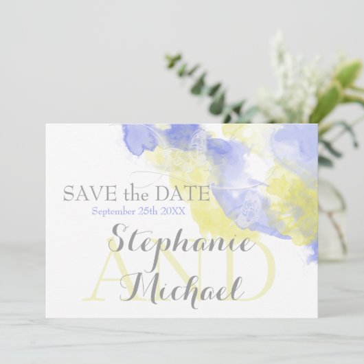 Waterverf Butterfly Periwinkle Lemon SavetheDate Save The Date (Staand voorkant)