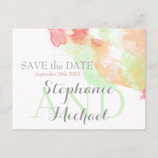 Waterverf Butterfly Rainbow Sherbet SavetheDate Aankondigingskaart (Voorkant)