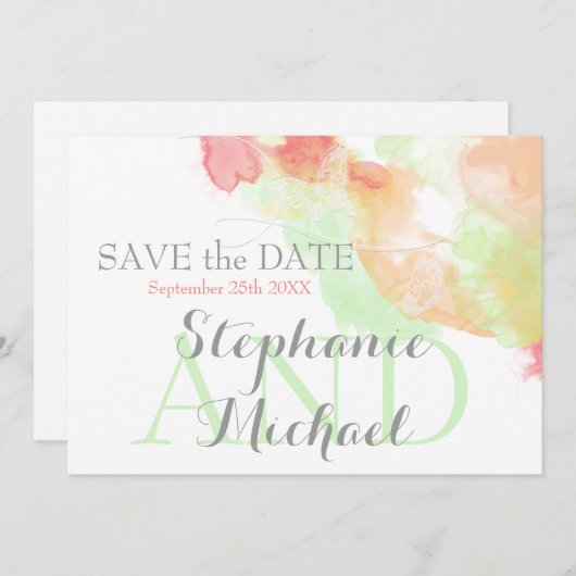 Waterverf Butterfly Rainbow Sherbet SavetheDate Save The Date (Voorkant / Achterkant)