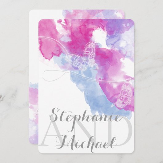 Waterverf Butterfly Raspberry Wedding Uitnodiging (Voorkant / Achterkant)
