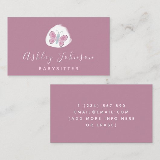 Waterverf Butterfly  roze Babysitter Eenvoudig Visitekaartje (Voorkant / Achterkant)