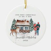 Waterverf Cabin | Eerste Kerstmis als de heer & Mr Keramisch Ornament (Voorkant)