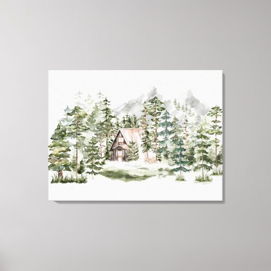 Waterverf Cabin in het groene dennenbos Canvas Afdruk (Voorkant)