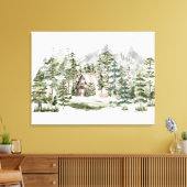 Waterverf Cabin in het groene dennenbos Canvas Afdruk (Insitu (Woonkamer))