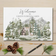 Waterverf Cabin in het groene dennenbos