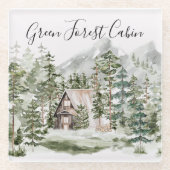 Waterverf Cabin in het groene dennenbos Glazen Onderzetter (Voorkant)