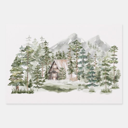 Waterverf Cabin in het groene dennenbos Inpakpapier Vel (Voorkant)