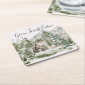 Waterverf Cabin in het groene dennenbos Kartonnen Onderzetters (Schuin)