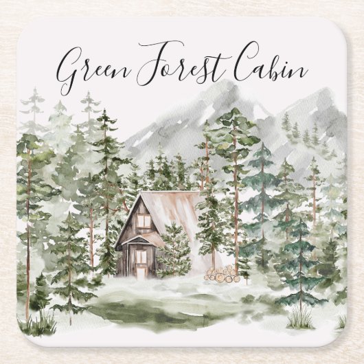 Waterverf Cabin in het groene dennenbos Kartonnen Onderzetters (Voorkant)