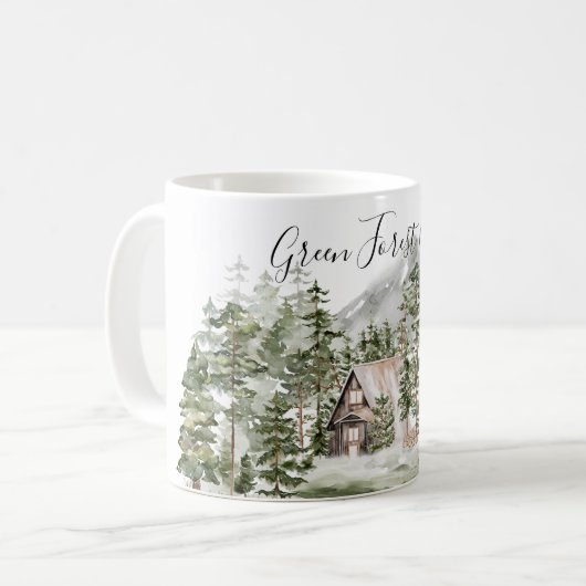 Waterverf Cabin in het groene dennenbos Koffiemok (Voorkant links)