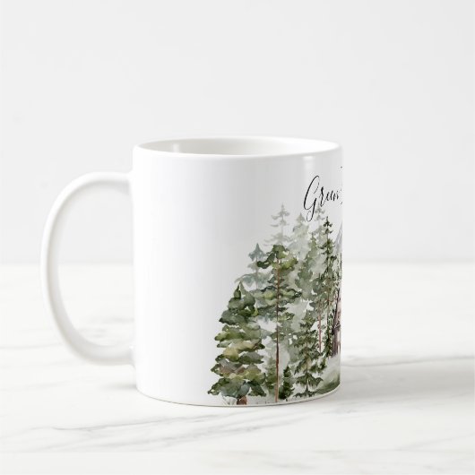 Waterverf Cabin in het groene dennenbos Koffiemok (Links)