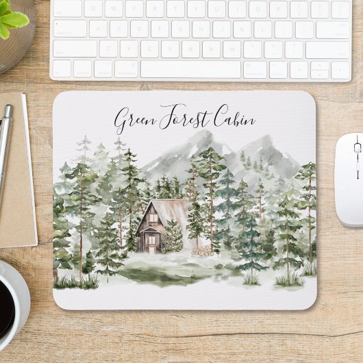 Waterverf Cabin in het groene dennenbos Muismat