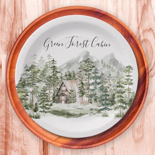 Waterverf Cabin in het groene dennenbos Papieren Bordje