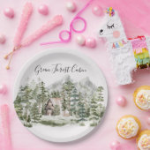 Waterverf Cabin in het groene dennenbos Papieren Bordje (Feest)