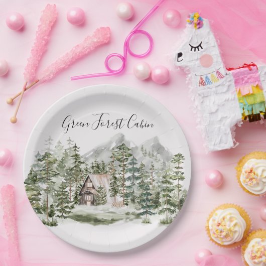 Waterverf Cabin in het groene dennenbos Papieren Bordje (Feest)