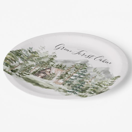 Waterverf Cabin in het groene dennenbos Papieren Bordje (Gekanteld)