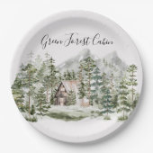 Waterverf Cabin in het groene dennenbos Papieren Bordje (Voorkant)