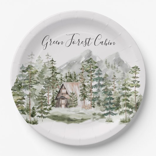 Waterverf Cabin in het groene dennenbos Papieren Bordje (Voorkant)