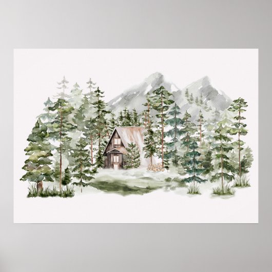 Waterverf Cabin in het groene dennenbos Poster (Voorkant)