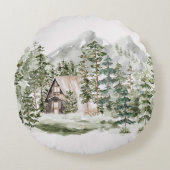 Waterverf Cabin in het groene dennenbos Rond Kussen (Voorkant)