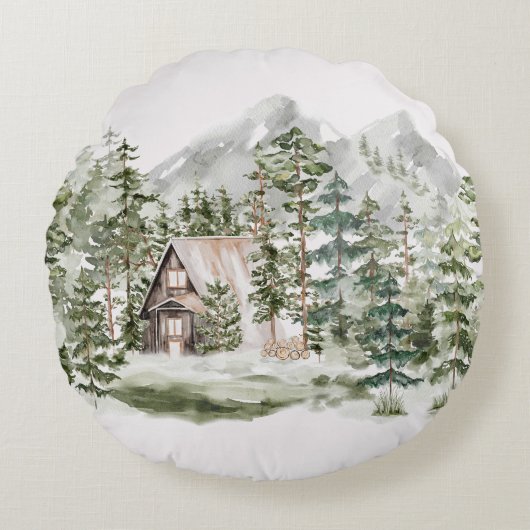 Waterverf Cabin in het groene dennenbos Rond Kussen (Voorkant)