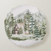 Waterverf Cabin in het groene dennenbos Rond Kussen (Achterkant)