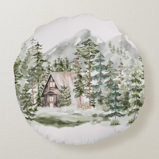 Waterverf Cabin in het groene dennenbos Rond Kussen (Achterkant)