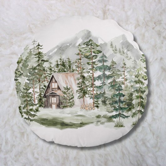 Waterverf Cabin in het groene dennenbos Rond Kussen
