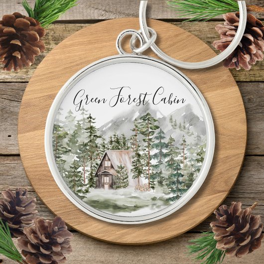 Waterverf Cabin in het groene dennenbos Sleutelhanger