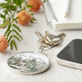 Waterverf Cabin in het groene dennenbos Sleutelhanger (Zijkant)