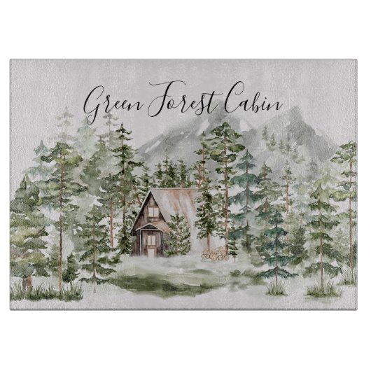 Waterverf Cabin in het groene dennenbos Snijplank (Voorkant)