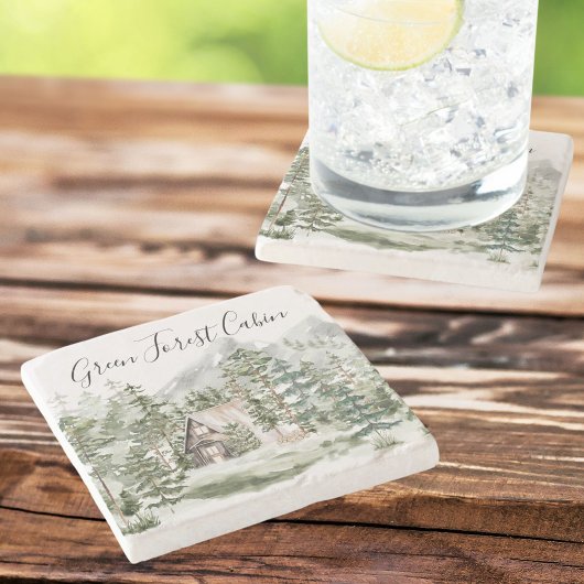 Waterverf Cabin in het groene dennenbos Stenen Onderzetter