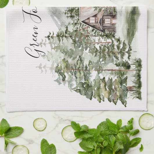 Waterverf Cabin in het groene dennenbos Theedoek (Gevouwen)