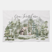 Waterverf Cabin in het groene dennenbos Theedoek (Horizontaal)