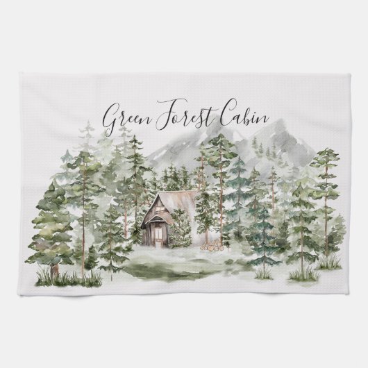 Waterverf Cabin in het groene dennenbos Theedoek (Horizontaal)